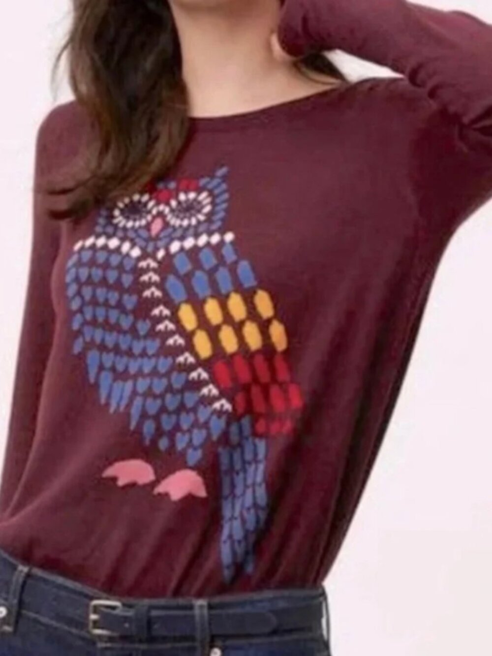 Loft Mosaic Owl Lightweight Knit Sweater in Burgundy size S EUC